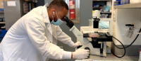 Student at CUIMC looking through a microscope